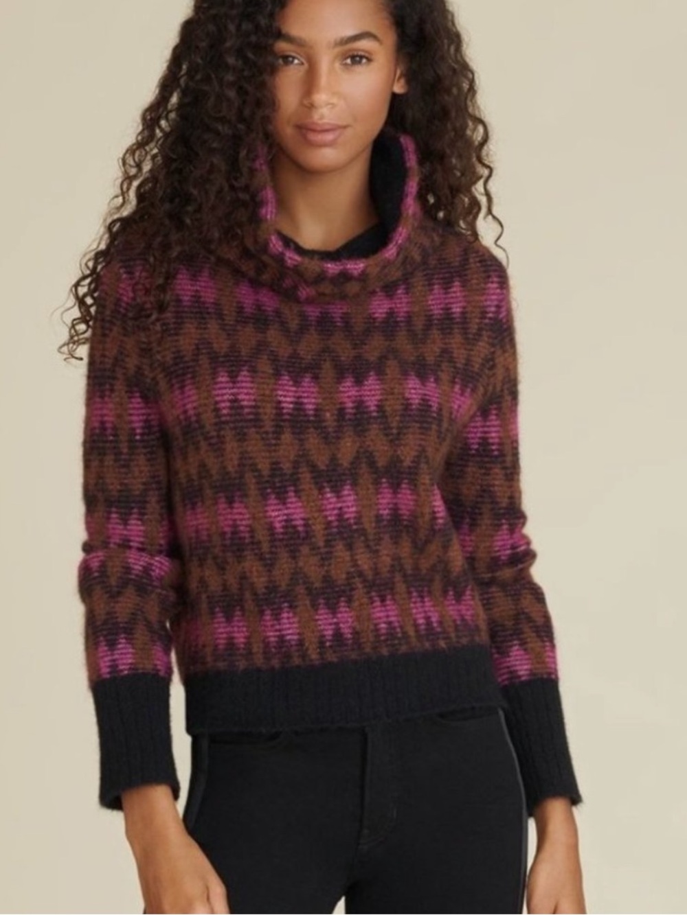 VERONICA BEARD Davis Jacquard Cowl Neck Sweater In Brown/black/pink M